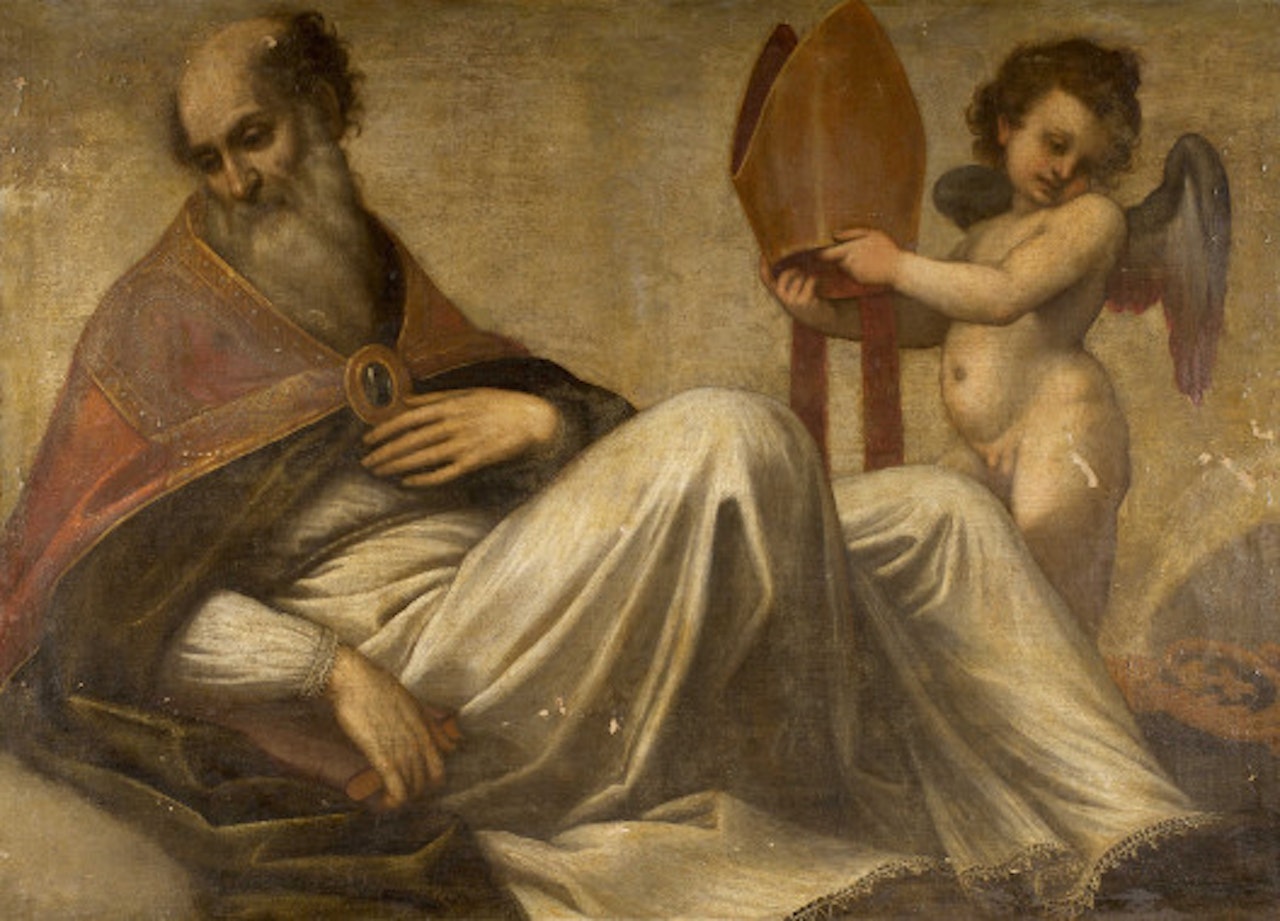 Holy bishop with book, probably a church father by Jacopo Palma il Giovane