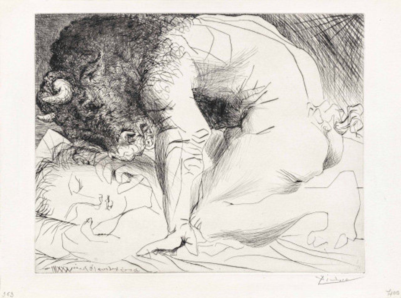 Minotaur caressing a sleeping woman by Pablo Picasso