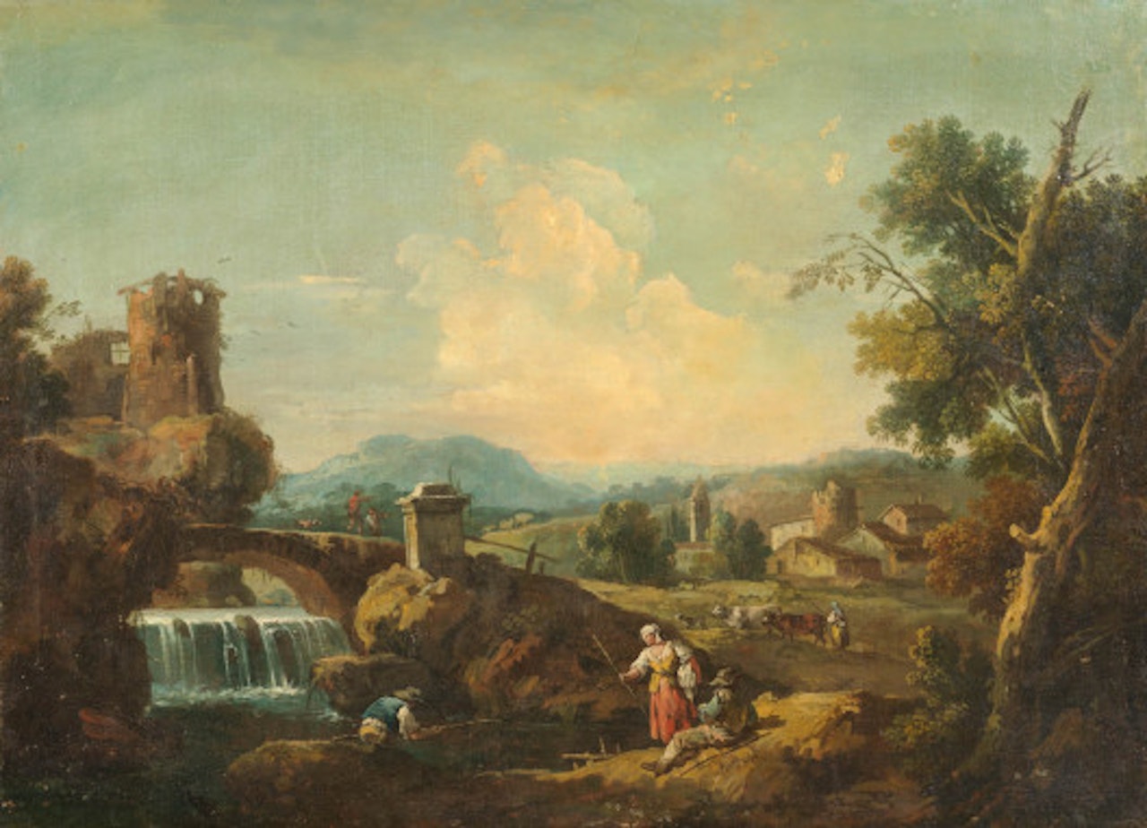 Landscape in Veneto with a waterfall by Giovanni Battista Cimaroli
