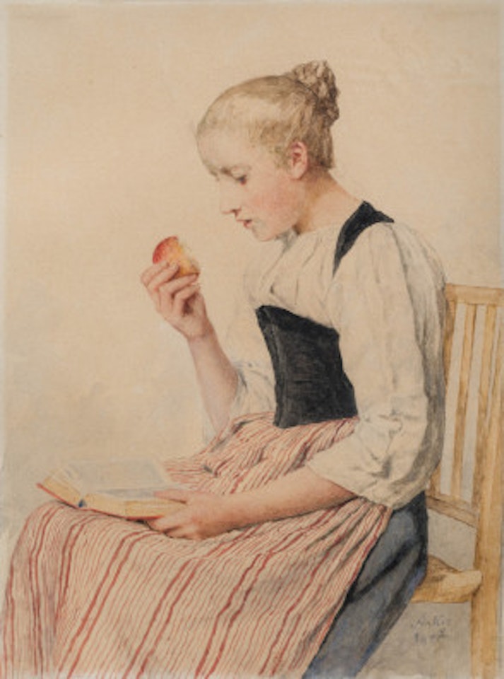 Girl reading with apple by Albert Anker