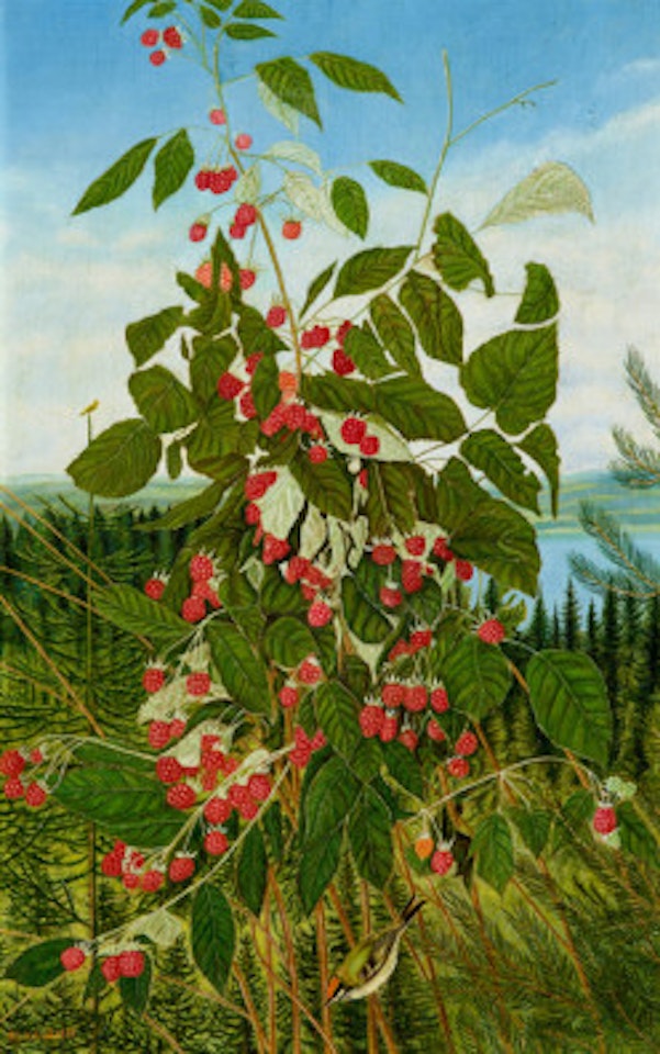Raspberries with landscape by Adolf Dietrich