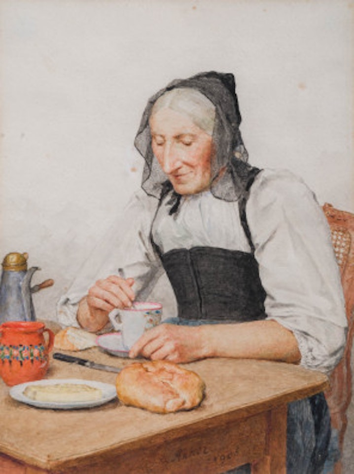 Farmer"s wife having breakfast by Albert Anker
