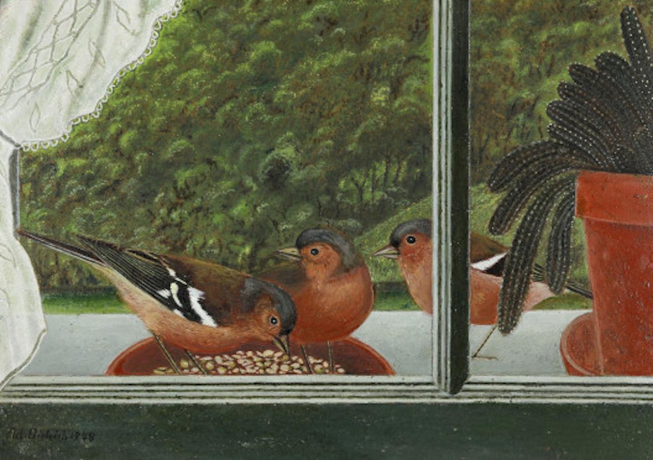 Three chaffinches on the windowsill by Adolf Dietrich