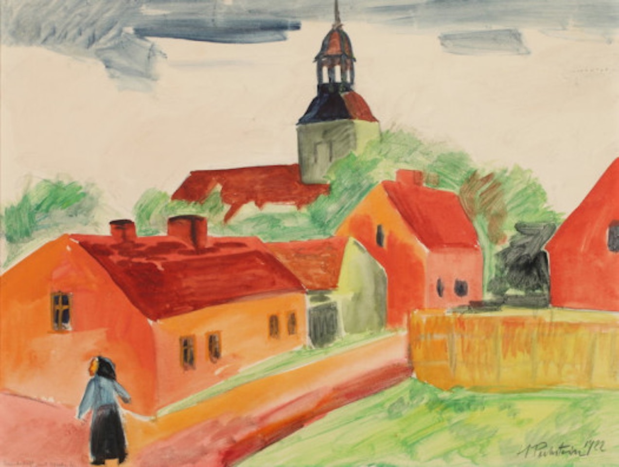 Landscape with church, St. Nicholas Church in Leba by Max Pechstein