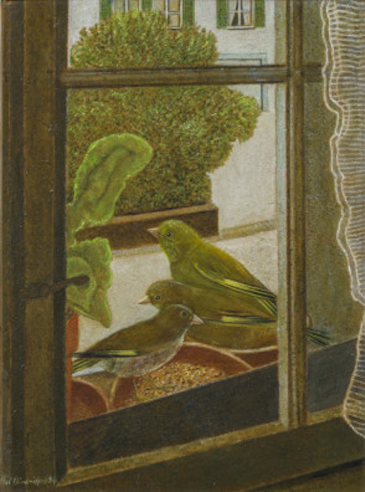 Greenfinches in front of the window by Adolf Dietrich