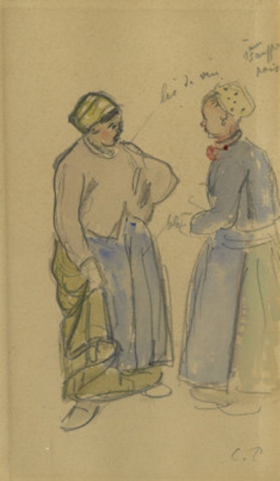 Two farmers" wives in conversation, study with comments on the color scheme by Camille Pissarro
