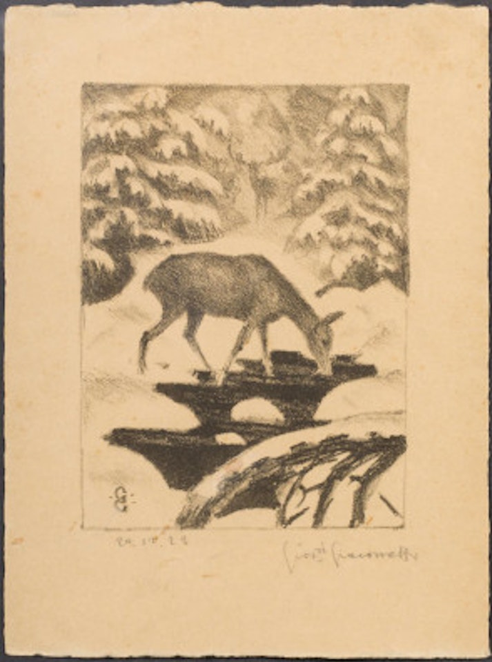 Drinking deer and stag in a winter landscape by Giovanni Giacometti