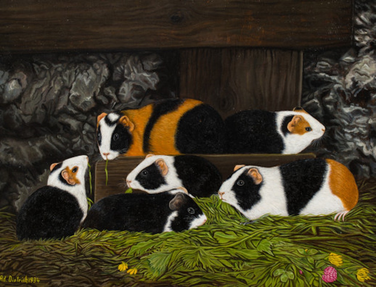 Six guinea pigs in the stable by Adolf Dietrich