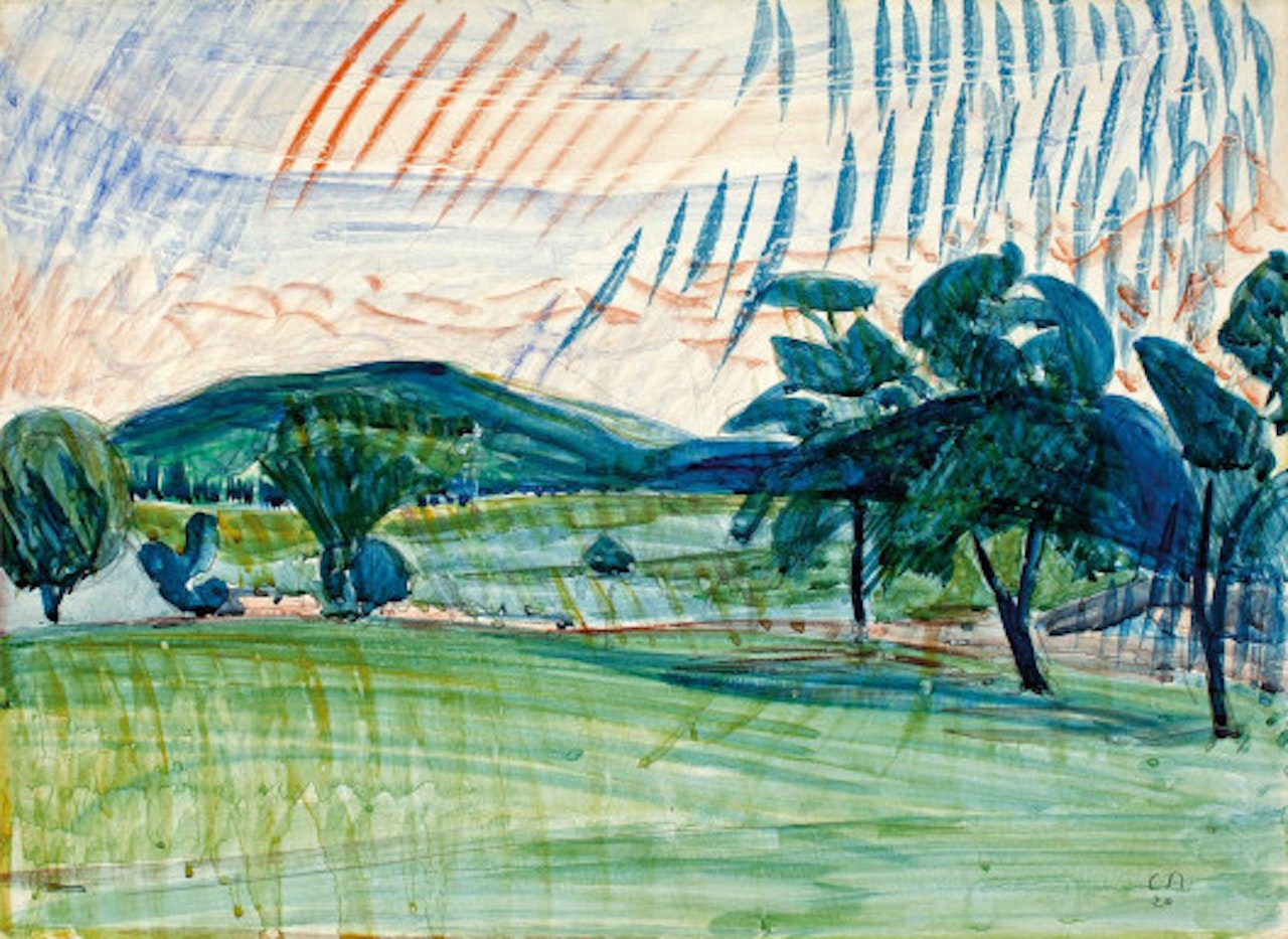 Hilly landscape with a mountain range in the background by Cuno Amiet