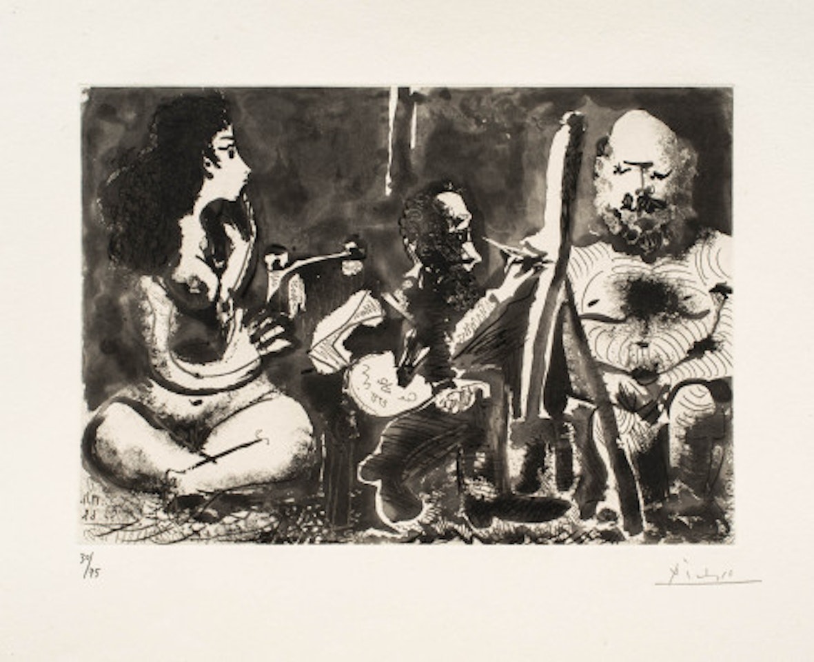 Painter at work with bearded model and a spectator seated cross-legged by Pablo Picasso