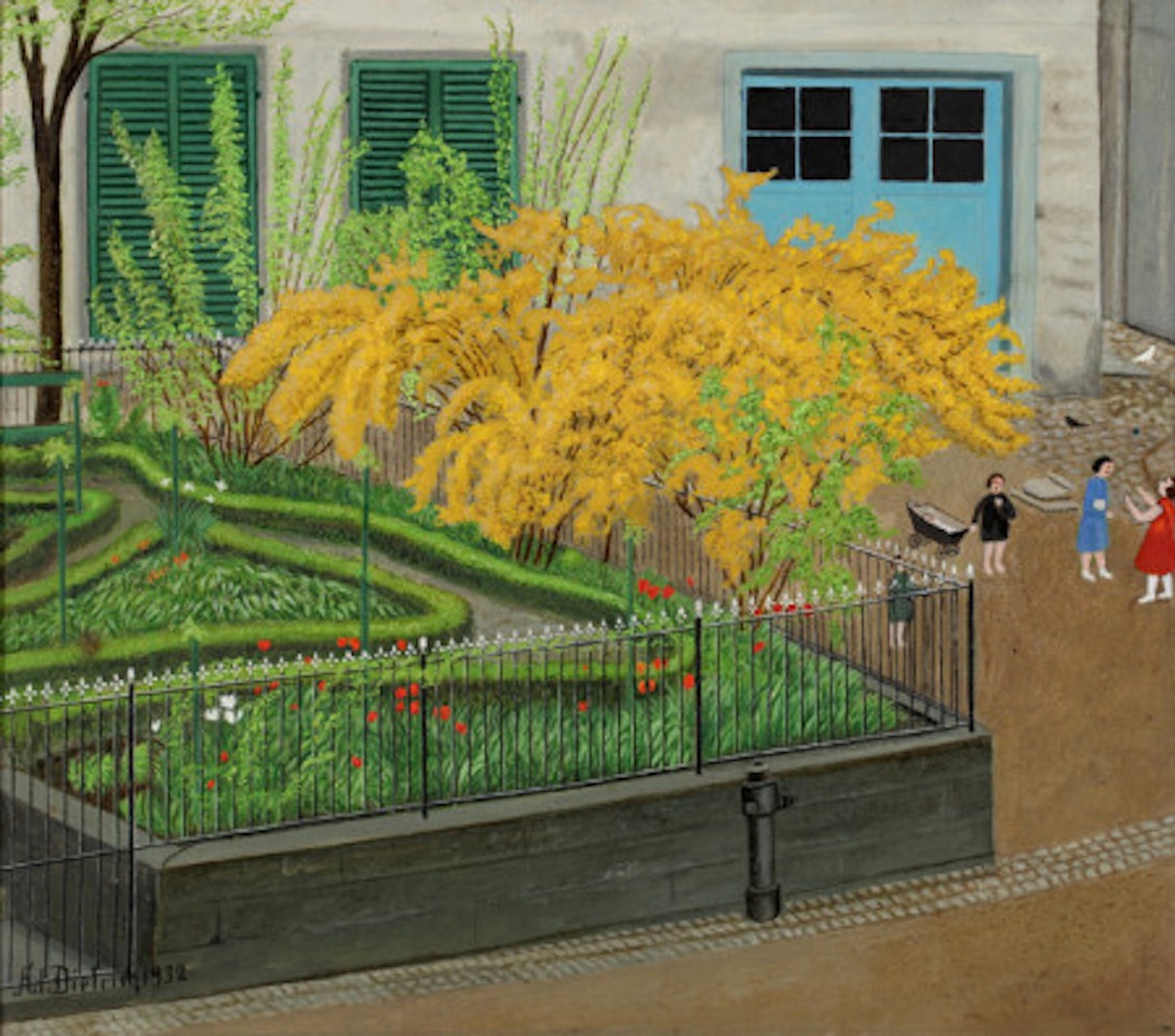 Garden corner with forsythia by Adolf Dietrich