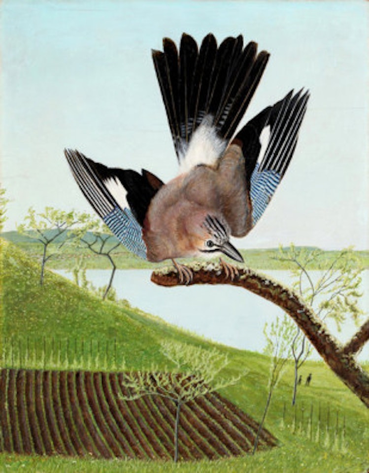 Eurasian jay in front of a lake landscape, view over the Untersee near Berlingen by Adolf Dietrich