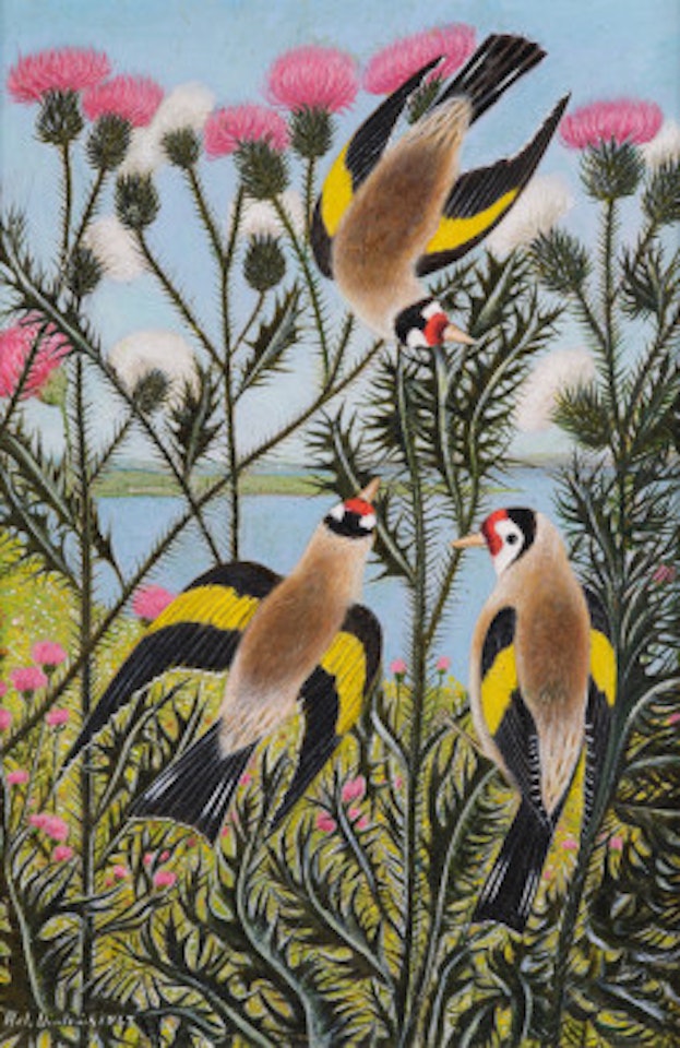 Three goldfinches on thistles by Adolf Dietrich