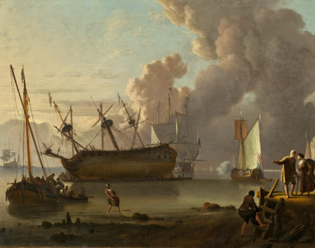 Coastal landscape with sailing ships and staffage, 170[?] by Ludolf Backhuysen