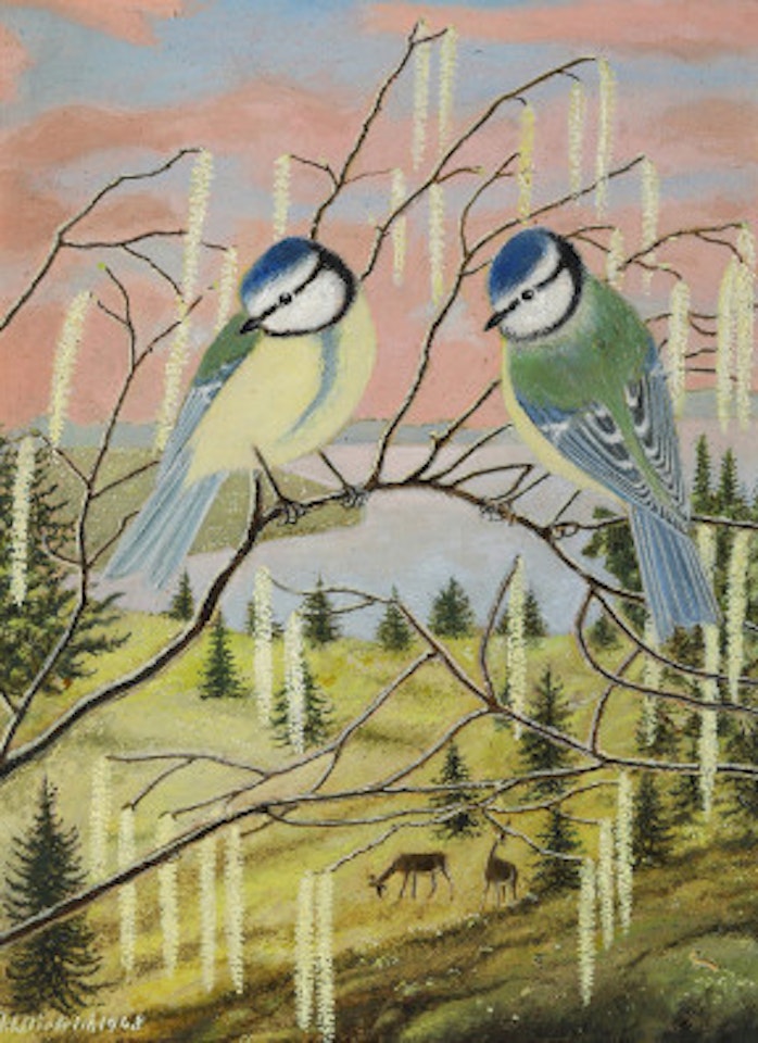 Blue tits on a flowering hazel bush by Adolf Dietrich