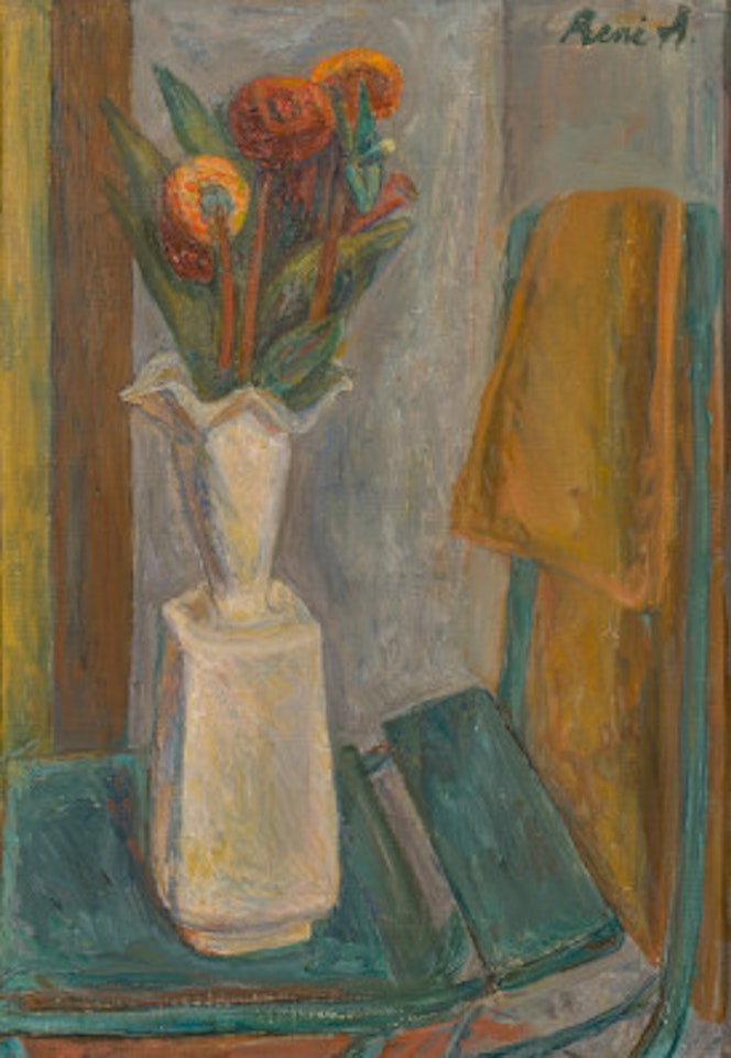 Still life (flowers on a chair) by Rene Auberjonois