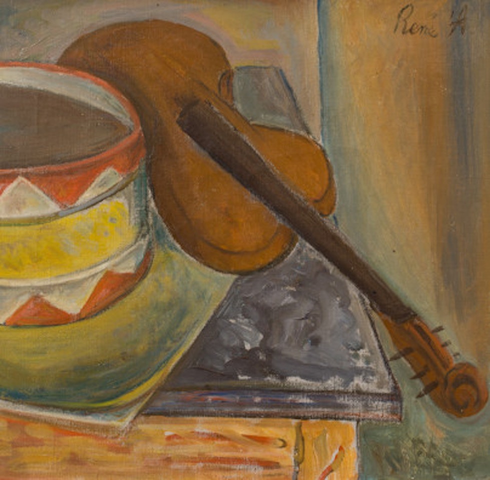 Still life (drum, violin and table) by Rene Auberjonois