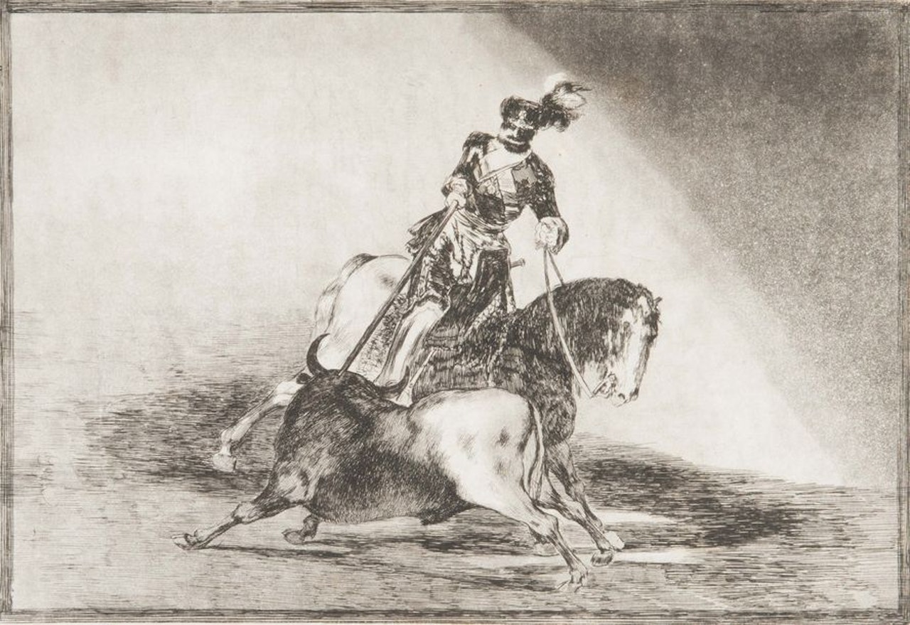 Carlos v throwing a bull in the square of valladolid. plate 10 of the tauromaquia. by Francisco José de Goya