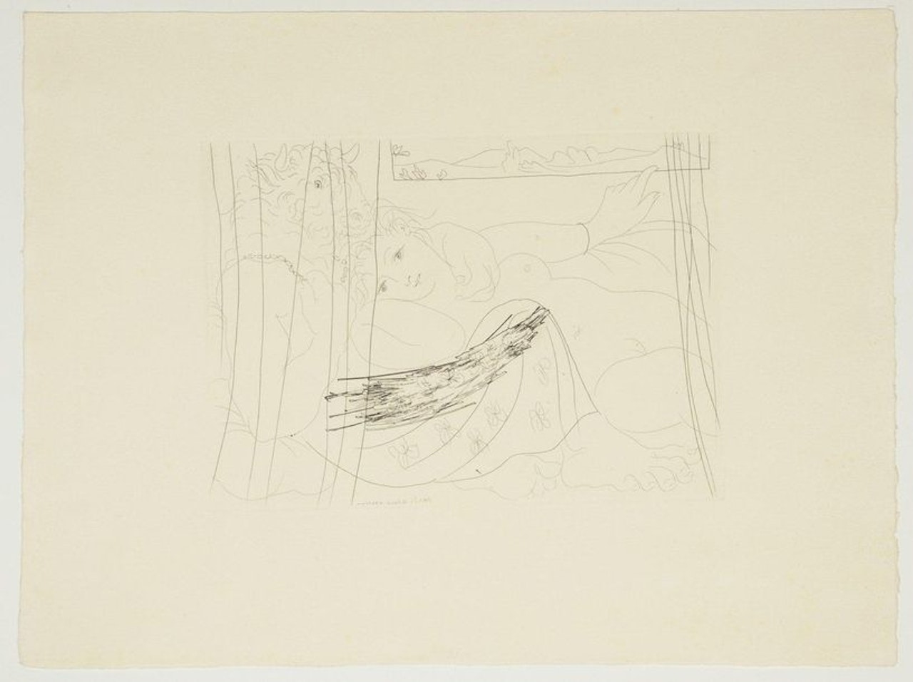 Minotaur and woman embracing behind a curtain.91 of the Vollard suite by Pablo Picasso