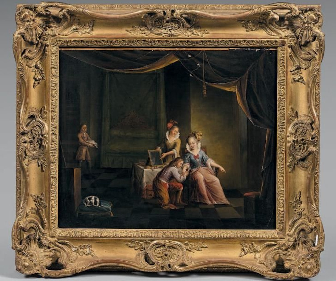 Players in an interior; Woman at her toilette by Dutch School