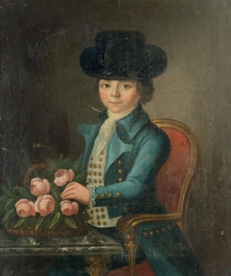 Young boy with a bouquet of flowers by French School