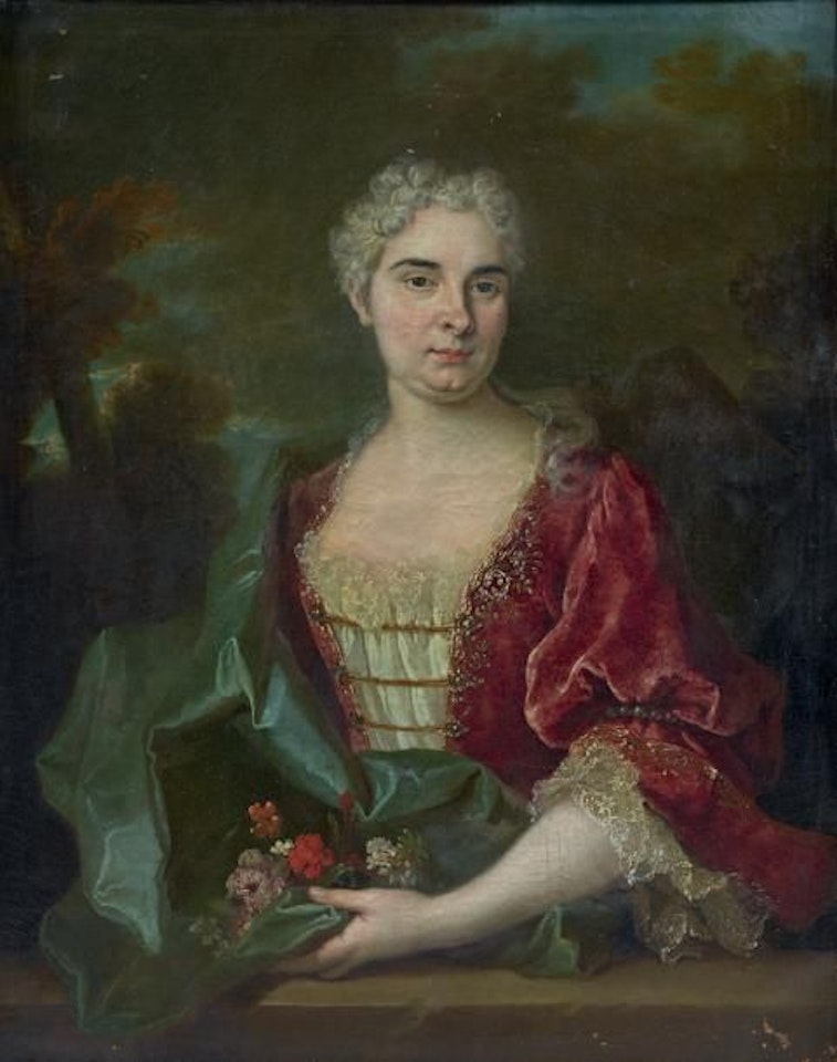 Presumed portrait of Madame Ponchon in a red dress Presumed portrait of Monsieur Ponchon in a blue suit by Jean-Baptiste Oudry