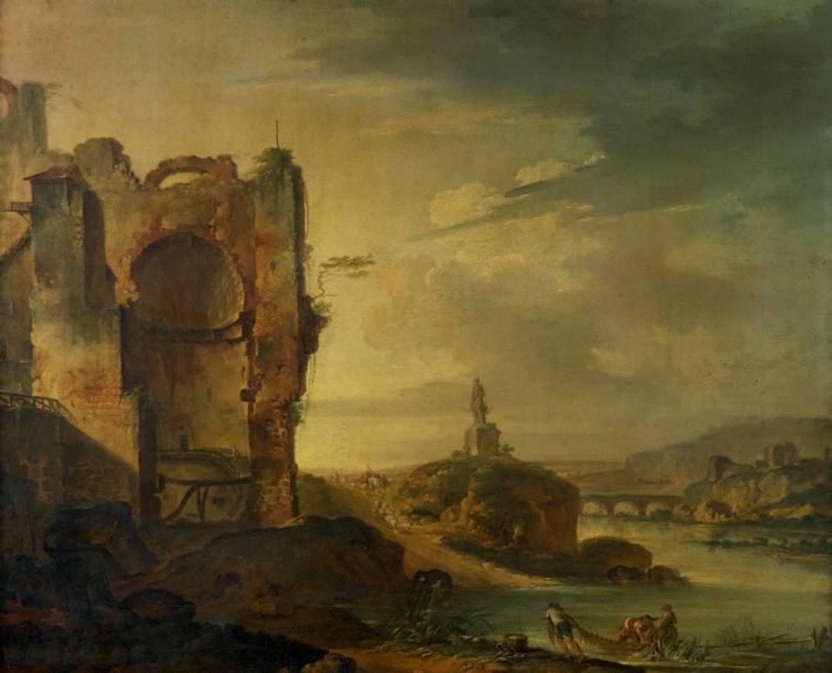 Fishermen in a landscape of Italian ruins by French School