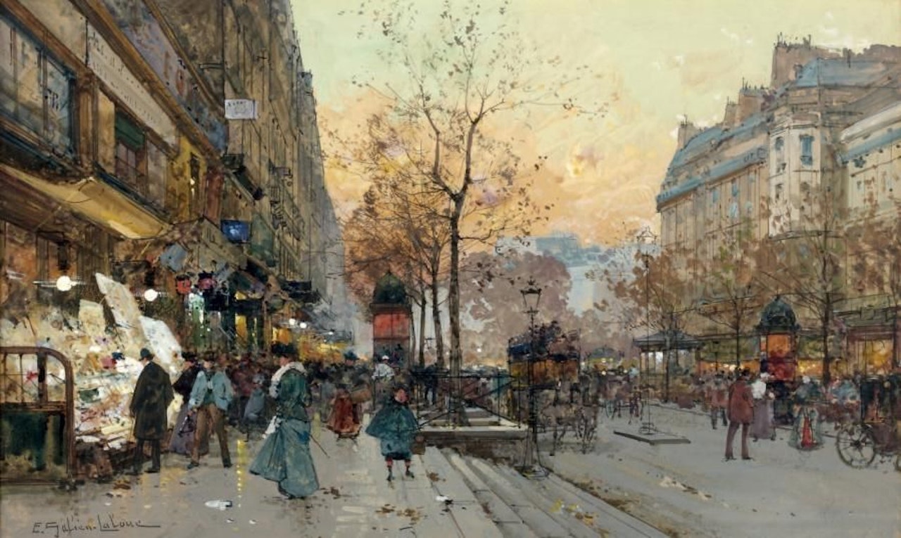 Paris, boulevard Bonne Nouvelle in autumn by Eugene Galien-Laloue