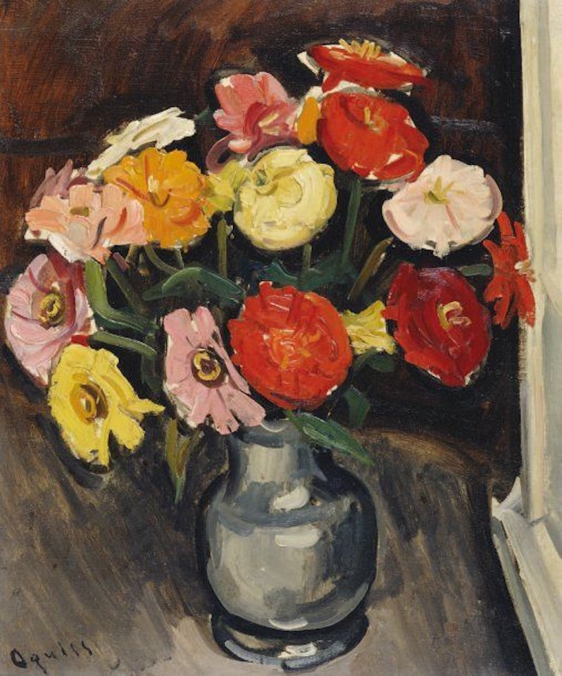 Zinnia flowers in a pewter vase by Takanori Oguiss