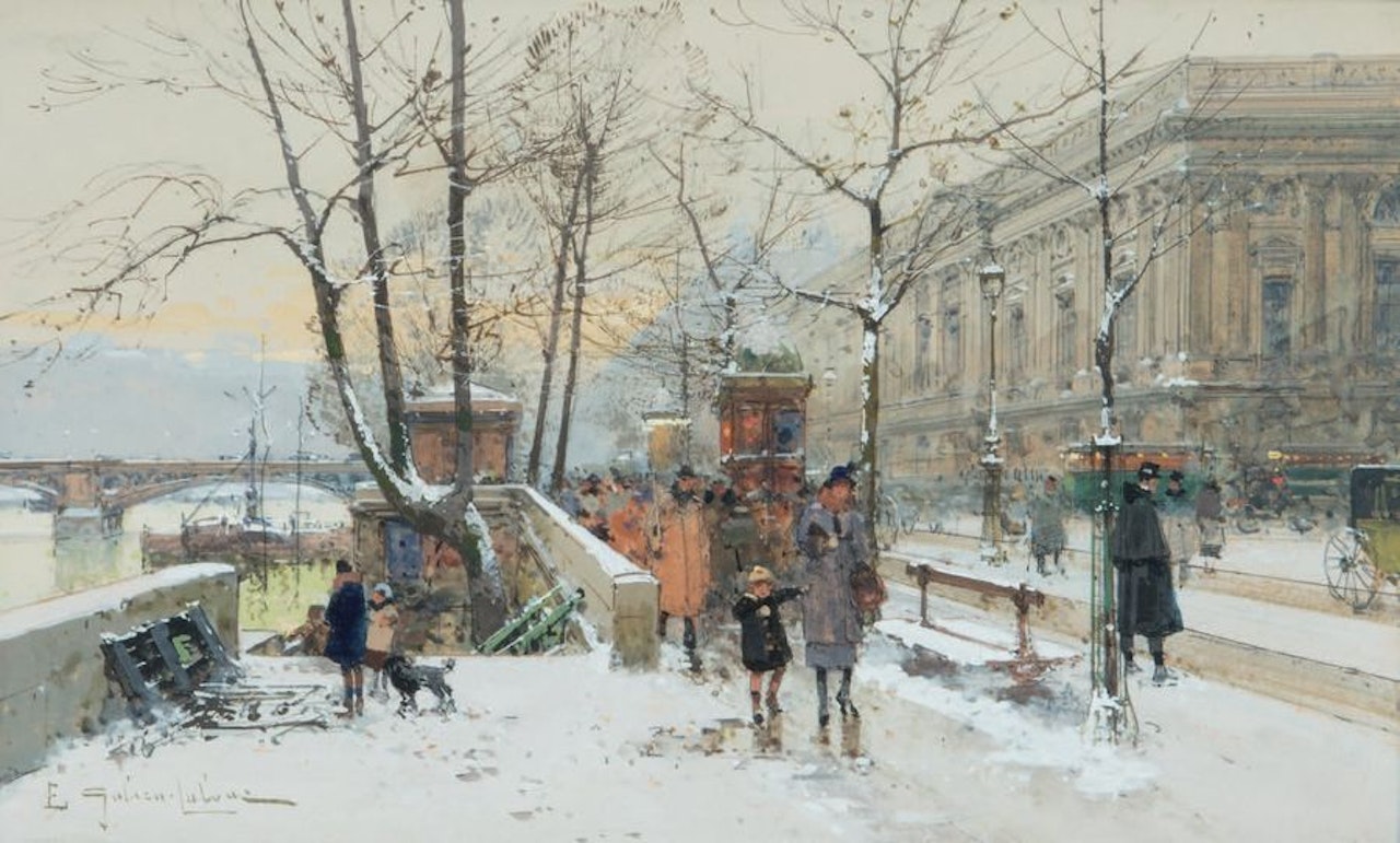 Paris, The quays at the Louvre; snowy weather by Eugene Galien-Laloue
