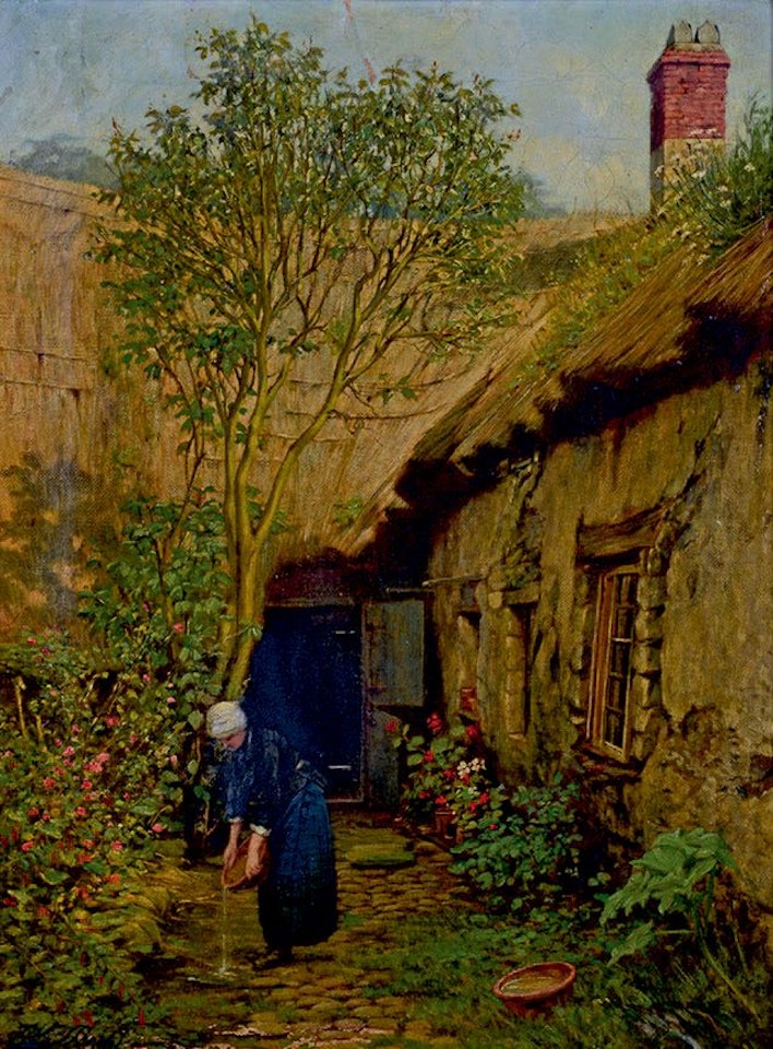 In front of the thatched cottage by Luigi Bechi