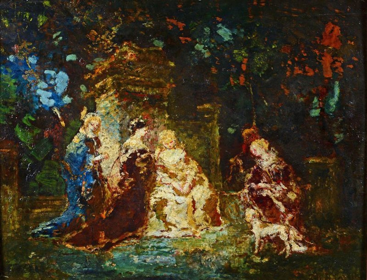 Five figures with a dog in a park by Adolphe Monticelli