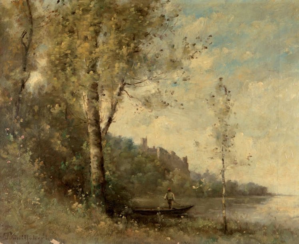 Fisherman in a boat at the foot of a castle by Paul Désiré Trouillebert
