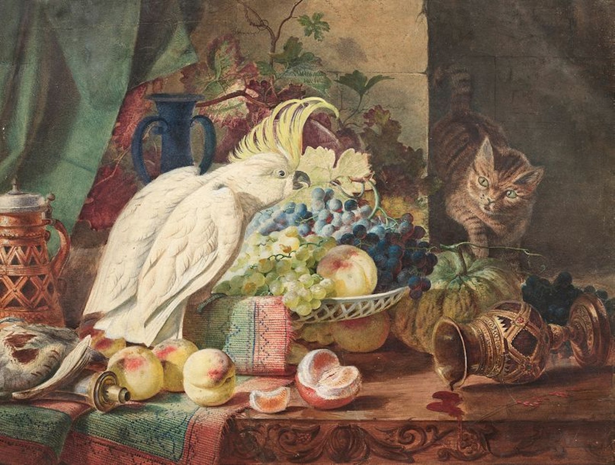 Still life with parrot, cat and fruit basket by German School