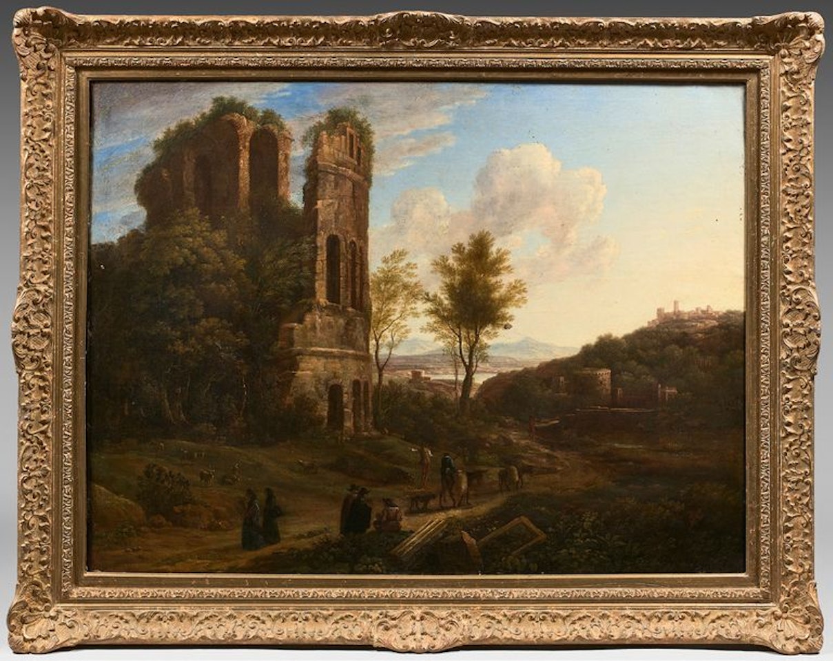 Nuns and figures in a landscape of ancient by Dutch School