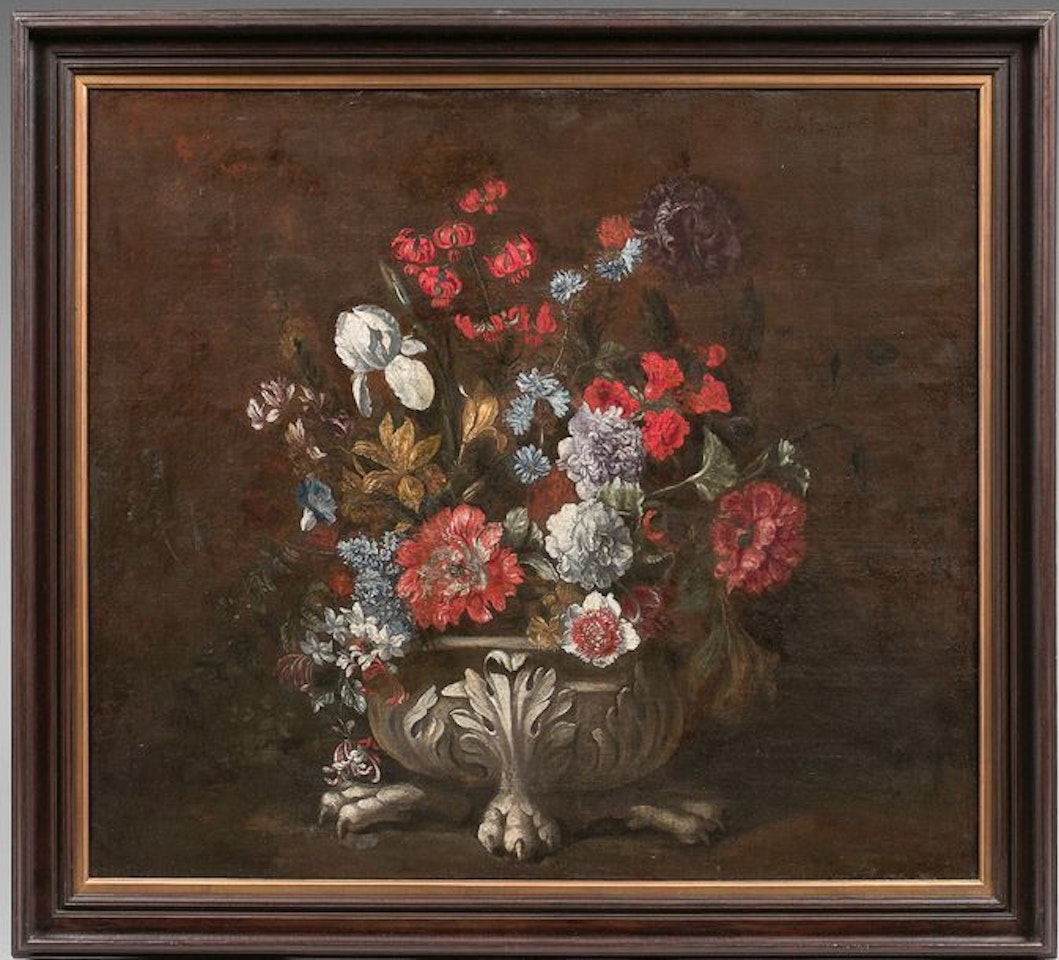 Bouquet of flowers in a vase at the feet of griffins by Italian School