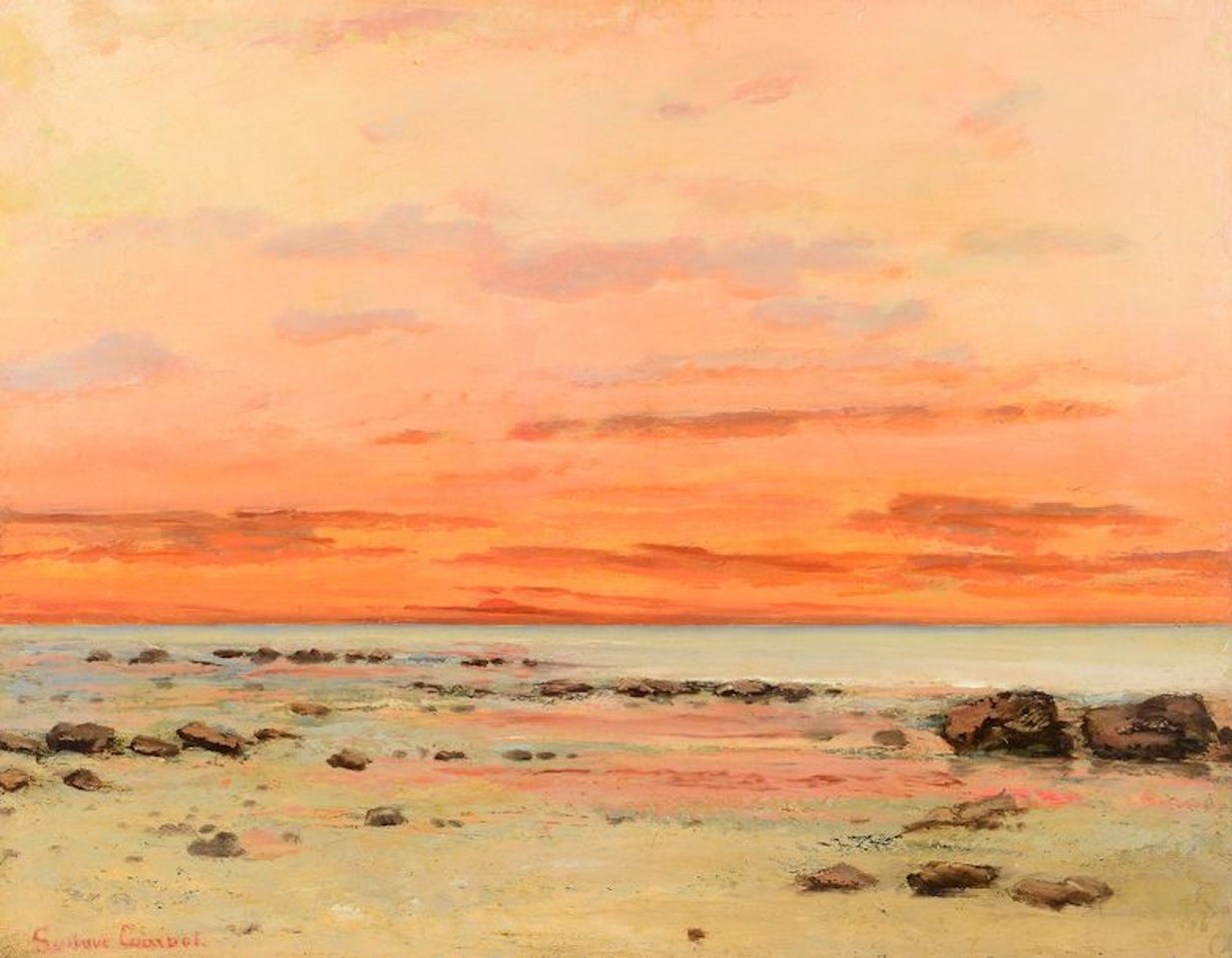 The beach, orange sky by Gustave Courbet