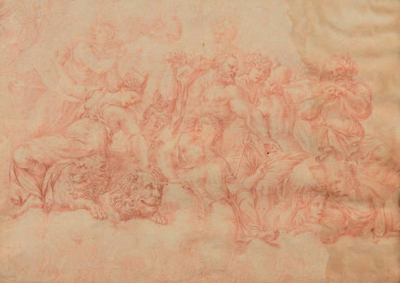“Hercules, Vulcan and Mercury surrounded by goddesses in the clouds” by French School