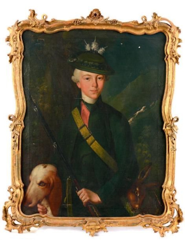 “Portrait of a young hunter in a feathered hat with his dog and his trophies in a landscape” by German School