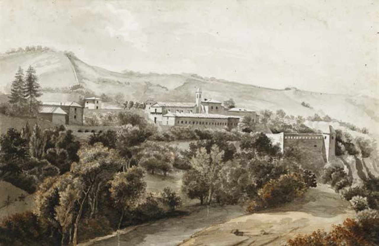 Landscape with an abbey by French School