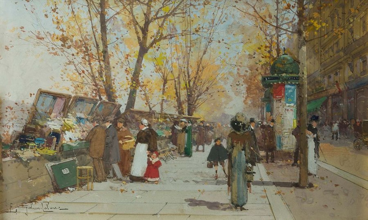 Book sellers on the quays in autumn by Eugene Galien-Laloue