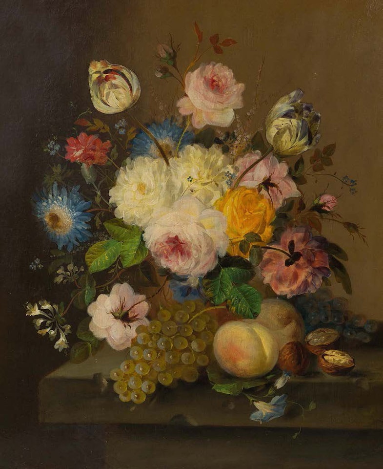 Vase of flowers and fruits on an entablature by French School