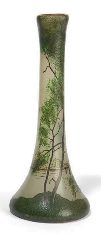 Pair of high-necked polychrome enameled glass vases with lake decorations by French School