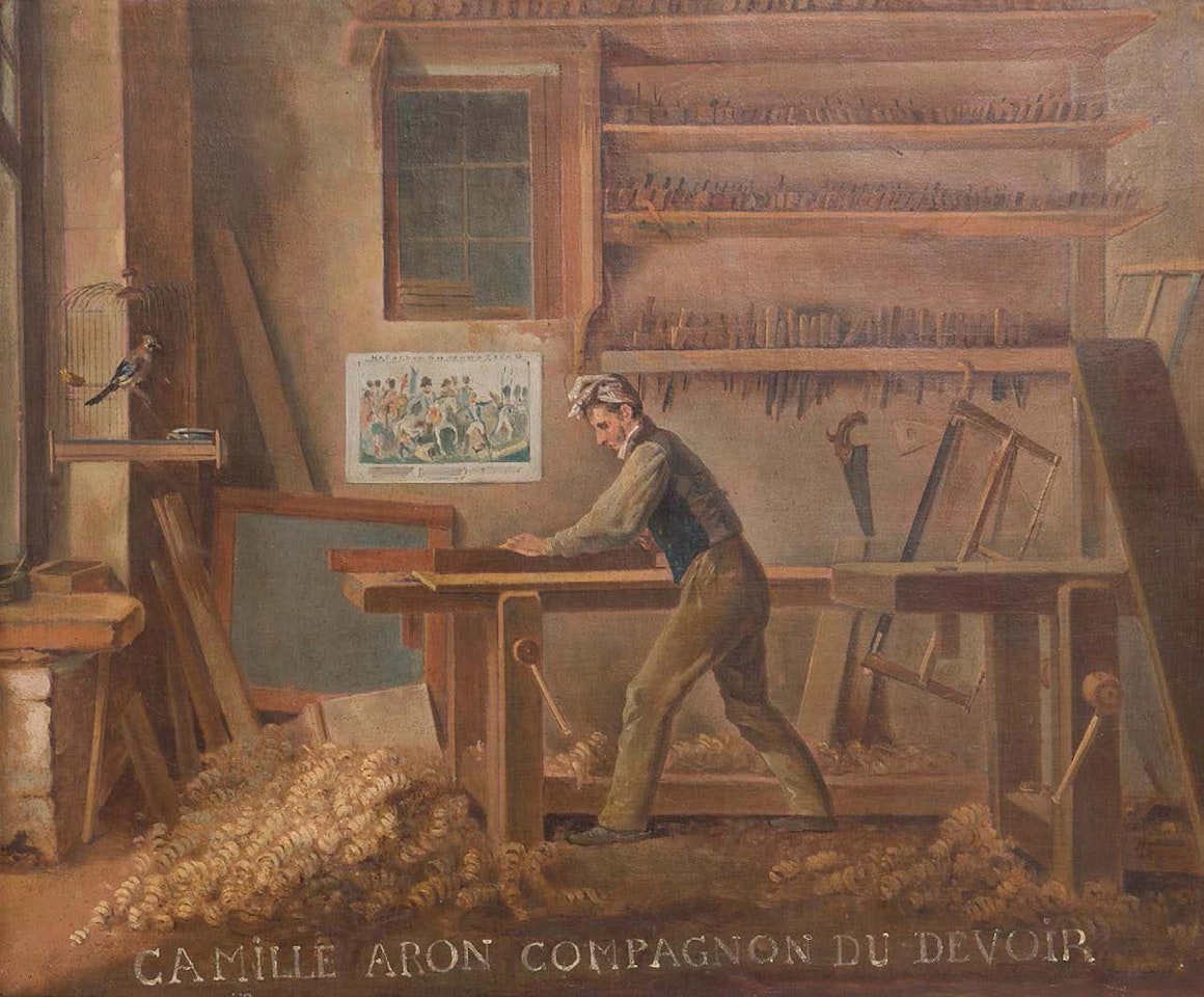 The carpenter"s workshop: a man planing a piece of wood on a workbench, his tools lined up along the wall, the floor covered with shavings, a bird in a cage on the left by French School