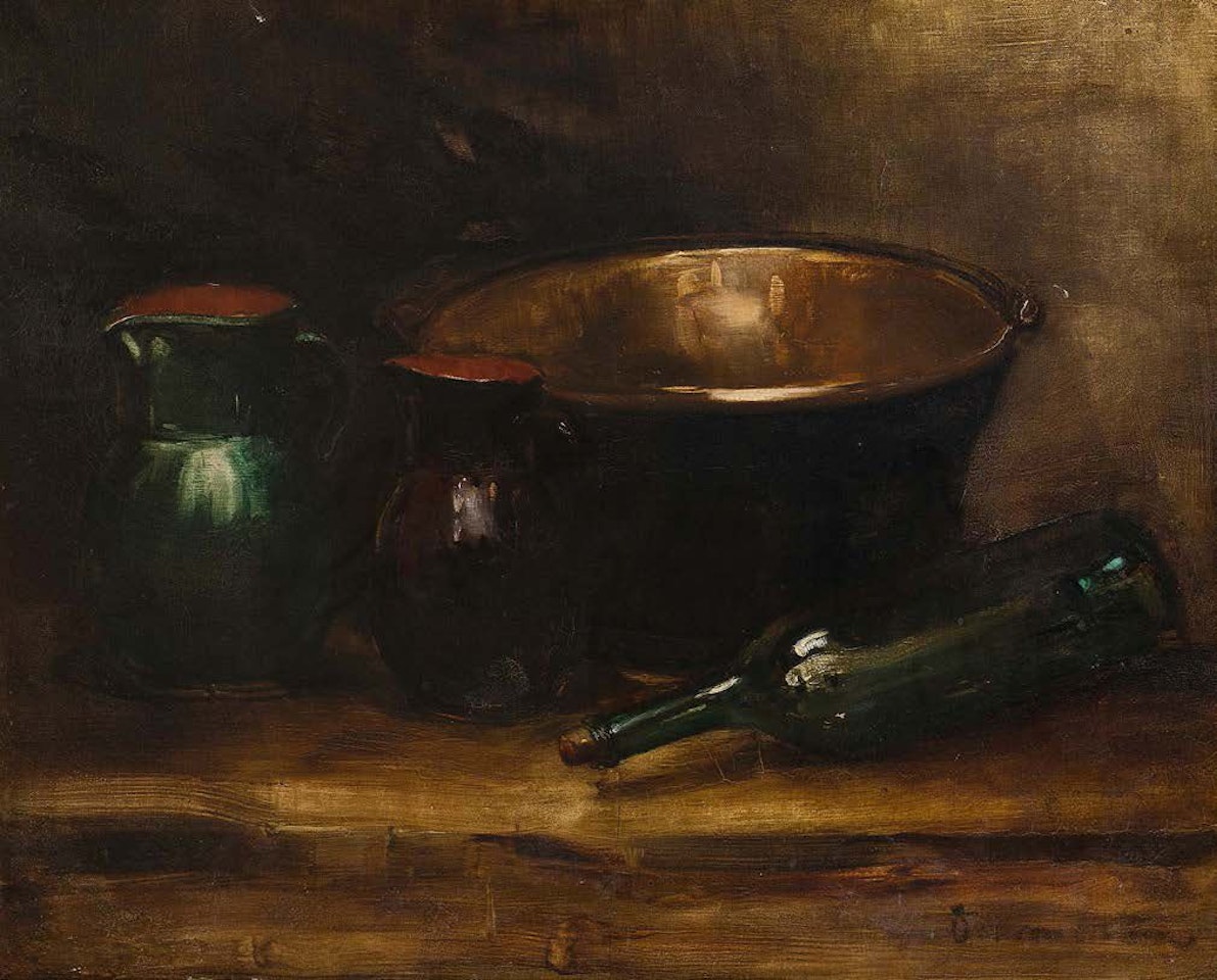 Still life with copper cauldron by French School