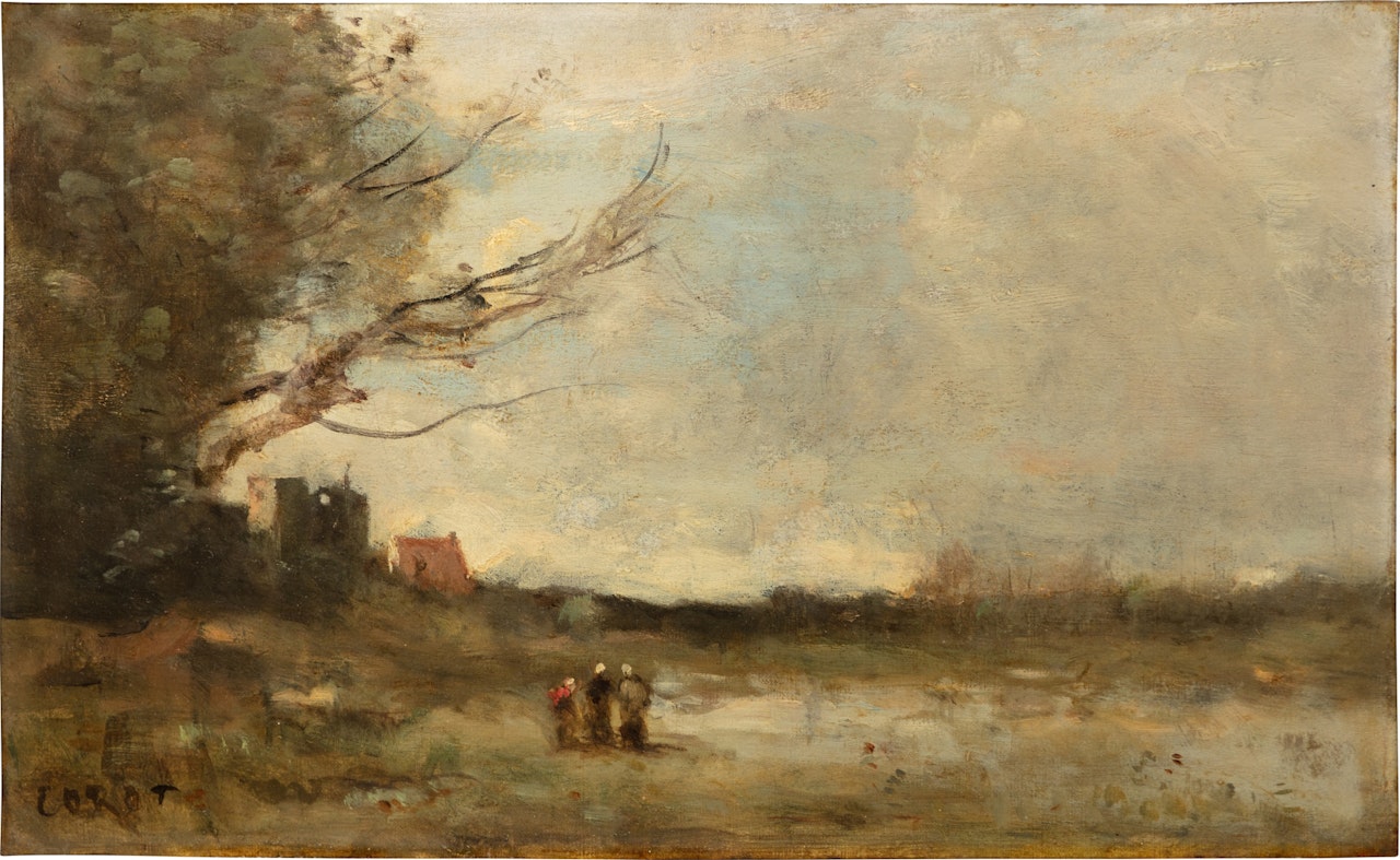 Three peasant women by a pond by Jean Baptiste Camille Corot