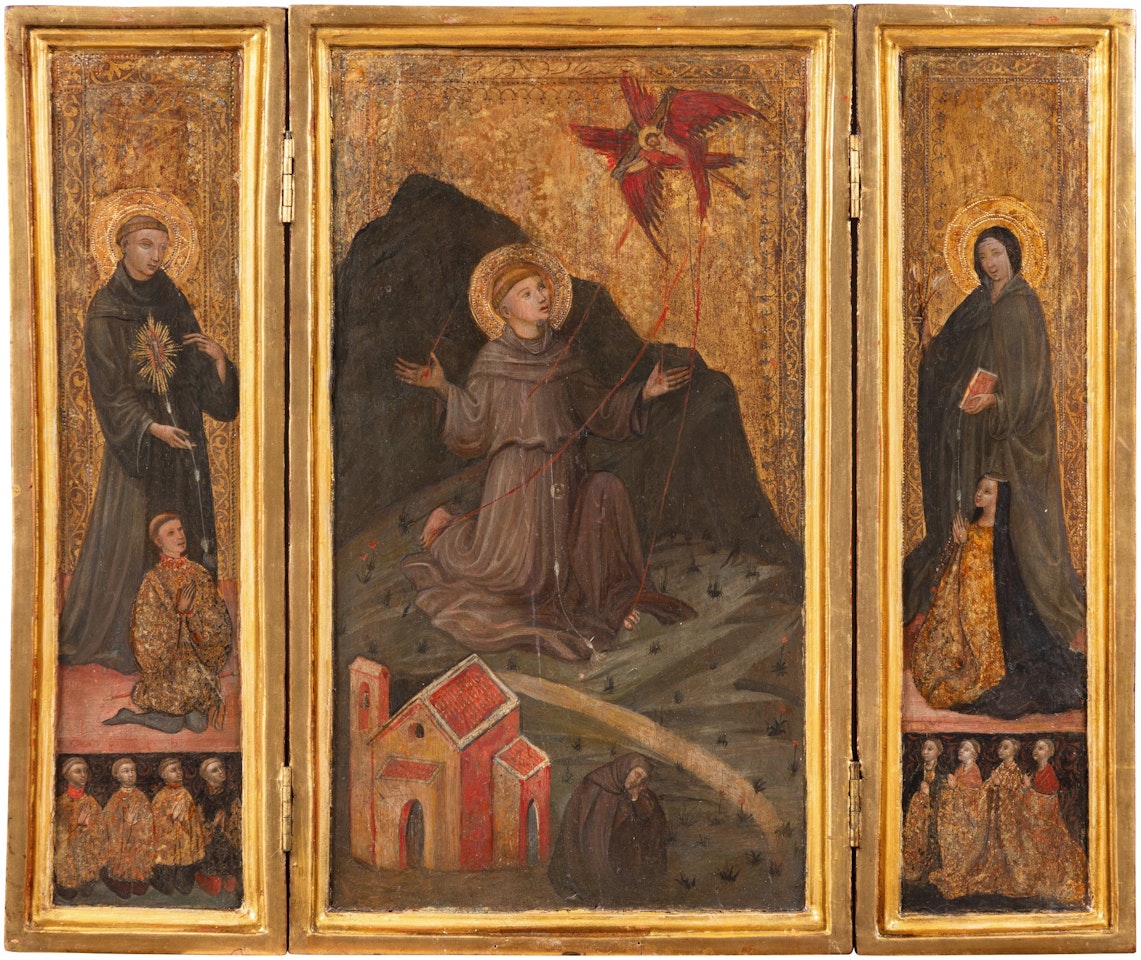 Saint Francis in Prayer (left panel); Saint Francis receiving the Stigmata (central panel); Clare of Assisi (right panel) by Italian School