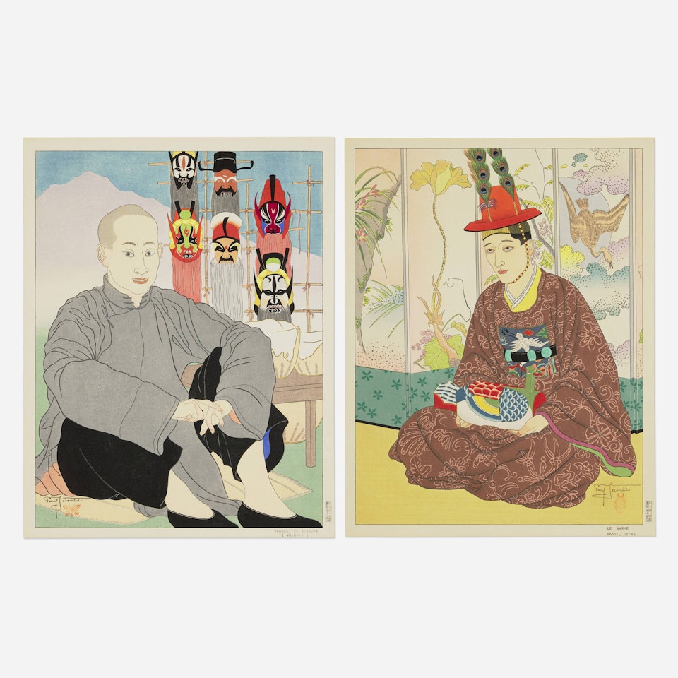 Vendeur de masques: Chinois; Le marié: Seoul, Corée (two works) by Paul Jacoulet