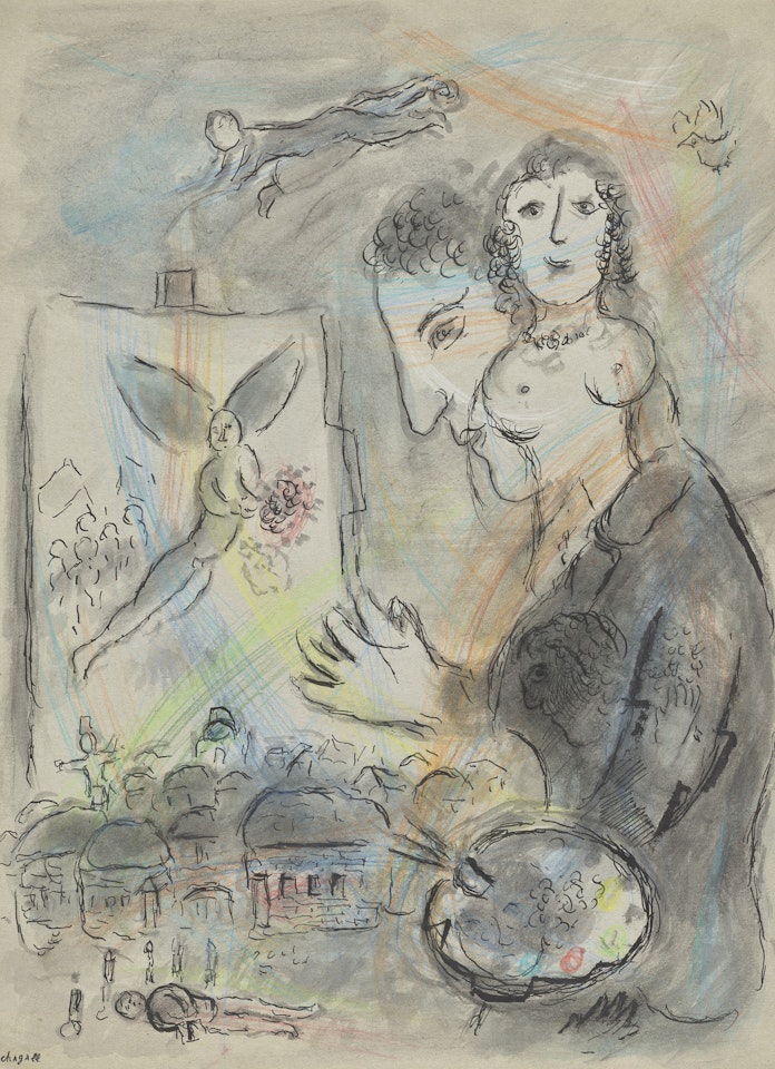 Peintre de profil et nu devant le chevalet à Vitebsk by Marc Chagall