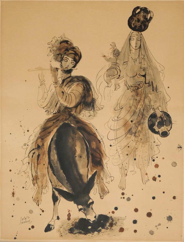 A MAN PLAYING A FLUTE ON A DONKEY AND A MOTHER AND CHILD by Reuven Rubin